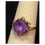 Beautiful Gold Amethyst and Dia. Ring   Size 5.