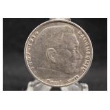 1936 Nazi Germany 5 Reich Mark Silver Coin