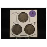 Lot of 3 Barber Silver Dimes