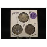 Lot of 3 1944 PDS Mercury Silver Dimes
