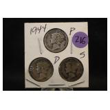 Lot of 3 1944 PDS Mercury Silver Dimes