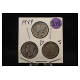 Lot of 3 1944 PDS Mercury Silver Dimes