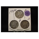 Lot of 3 1944 PDS Mercury Silver Dimes