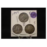 Lot of 3 1945 PDS Mercury Silver Dimes