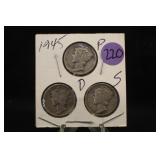 Lot of 3 1945 PDS Mercury Silver Dimes