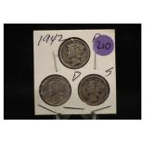 Lot of 3 1942 PDS Mercury Silver Dimes