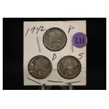 Lot of 3 1942 PDS Mercury Silver Dimes