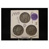 Lot of 3 1943 PDS Mercury Silver Dimes