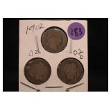 Lot of 3 1902 Barber Silver Dimes