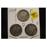 Lot of 3 Silver 1919 Mercury Dimes