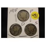 Lot of 3 Silver 1918 Mercury Dimes