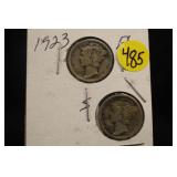 Lot of 2 Silver 1923 Mercury Dimes