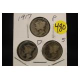 Lot of 3 Silver 1917 Mercury Dimes