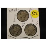 Lot of 3 Silver 1942 Mercury Dimes