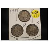 Lot of 3 Silver 1939 Mercury Dimes