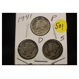 Lot of 3 Silver 1941 Mercury Dimes