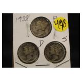 Lot of 3 Silver 1938 Mercury Dimes