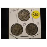 Lot of 3 Silver 1940 Mercury Dimes