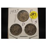 Lot of 3 Silver 1937 Mercury Dimes
