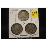 Lot of 3 Silver 1944 Mercury Dimes