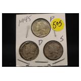 Lot of 3 Silver 1945 Mercury Dimes