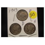 Lot of 3 Silver 1943 Mercury Dimes