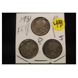 Lot of 3 Silver 1931 Mercury Dimes