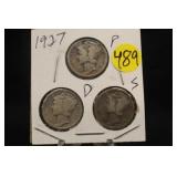 Lot of 3 Silver 1927 Mercury Dimes