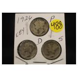 Lot of 3 Silver 1926 Mercury Dimes