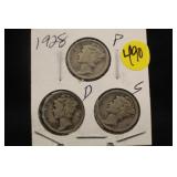 Lot of 3 Silver 1928 Mercury Dimes