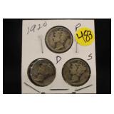 Lot of 3 Silver 1920 Mercury Dimes