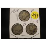 Lot of 3 Silver 1925 Mercury Dimes