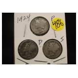 Lot of 3 Silver 1924 Mercury Dimes