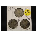 Lot of 3 Silver 1936 Mercury Dimes