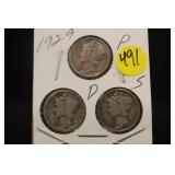 Lot of 3 Silver 1929 Mercury Dimes