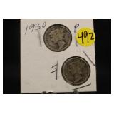Lot of 2 Silver 1930 Mercury Dimes