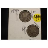 Lot of 2 Silver 1934 Mercury Dimes