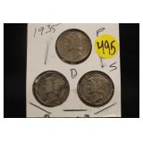 Lot of 3 Silver 1935 Mercury Dimes