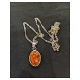 .925 Silver 24" Chain with Amber Pendant