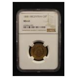 1888 NGC MS61 Argentina 5 Peso Gold Coin