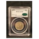1875 PCGS CAC AU55 Seated Liberty Silver Quarter