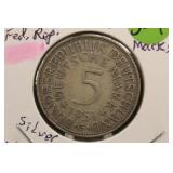 1951-G Silver German ï¿½5 Markï¿½ coin