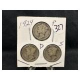 Lot of 3, 1924 Silver Mercury Dime