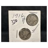 Lot of 2, 1916 Silver Mercury Dimes