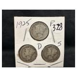 Lot of 3, 1925 Silver Mercury Dime