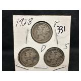 Lot of 3 1928 Silver Mercury Dime