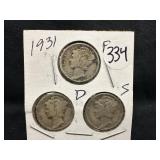 Lot of 3, 1931 Silver Mercury Dime