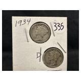 Lot of 2, 1934 silver Mercury Dime