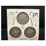 Lot of 3, 1926 Silver Mercury Dime