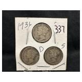 Lot of 3, 1936 Silver Mercury Dime